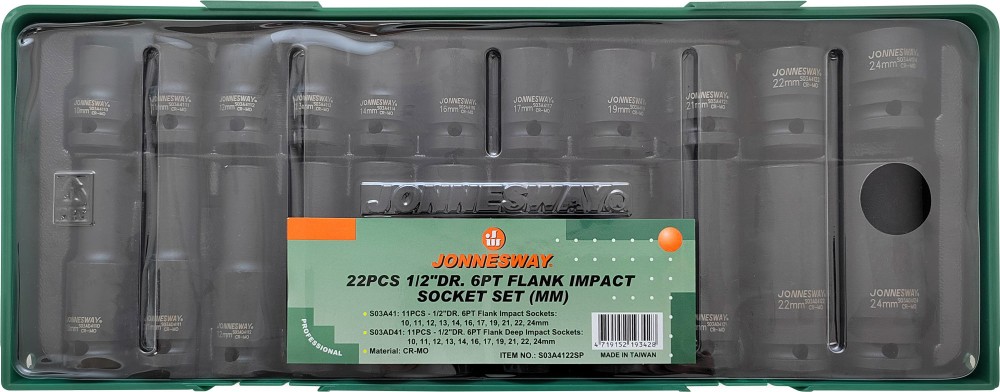 Jonnesway S03A4122SP Набор головок ударных 1/2"DR в ложементе, 10-24 мм, 22 предмета S03A4122SP