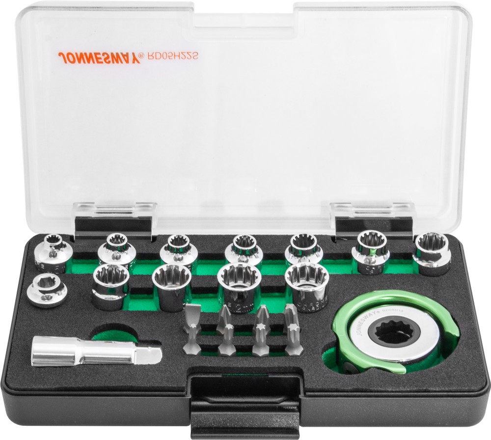 Jonnesway RD05H22S Головки торцевые SPLINE М4-13 с дисковым трещоточным механизмом и аксессуарами в наборе, 22 предмета RD05H22S