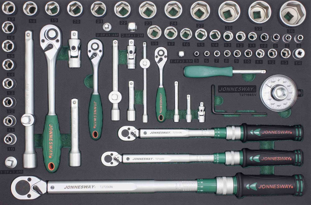 Jonnesway T27166SV Набор ключей динамометрических 1/4"DR 2-10 Нм, 3/8"DR 10-60 Нм , 1/2"DR  40-200 Hм и головок торцевых с аксессуарами в EVA ложементе, 66 предметов T27166SV