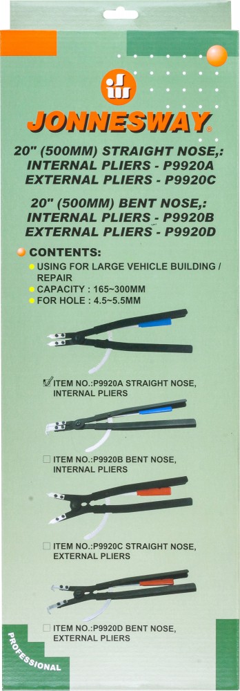 Jonnesway P9920A Щипцы прямые с фиксатором для стопорных колец, сжим, 165-300 мм, 4.5-5.5 мм, 500 мм P9920A
