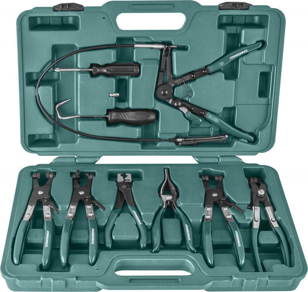 Jonnesway AR060024A Набор щипцов для демонтажа пружинных хомутов патрубков, 9 предметов AR060024A