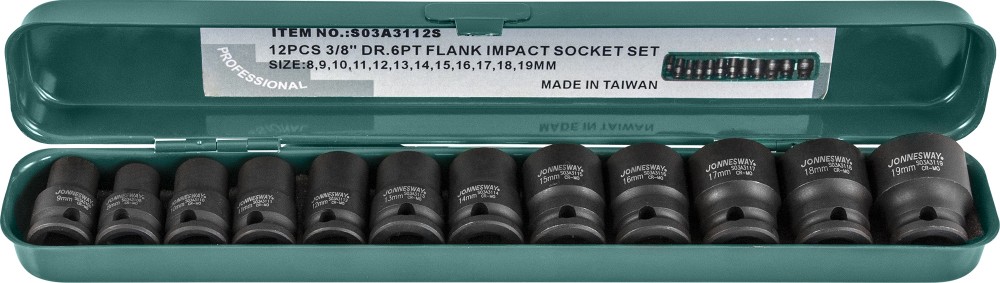 Jonnesway S03A3112S Набор головок торцевых ударных 3/8"DR, 8-19 мм, 12 предметов S03A3112S