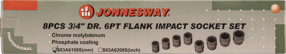 Jonnesway S03A6108S Набор головок торцевых ударных 3/4", 26-38 мм, 8 предметов S03A6108S