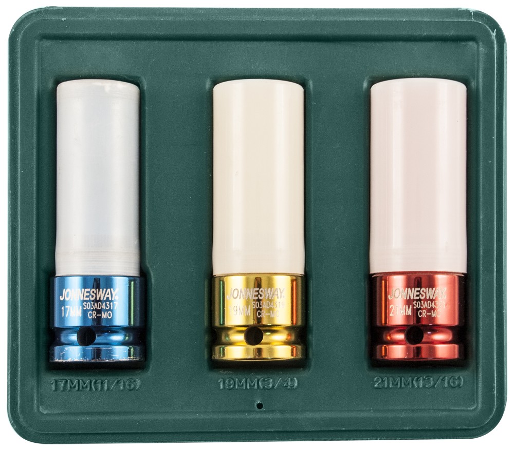 Jonnesway S03AD4303S Набор головок торцевых ударных глубоких 1/2"DR для лекгосплавных колесных дисков, 17,19,21 мм, 3 предмета S03AD4303S