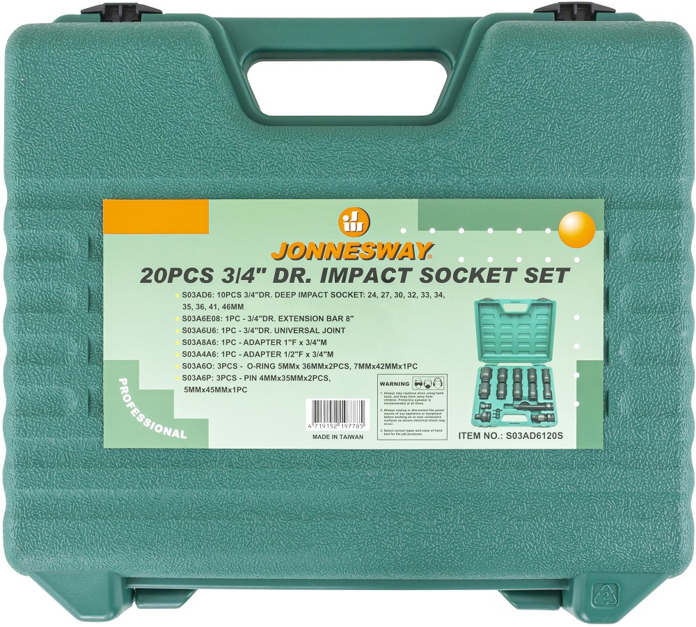 Jonnesway S03AD6120S Набор головок торцевых ударных глубоких 3/4"DR, 24-46 мм, 20 предметов S03AD6120S