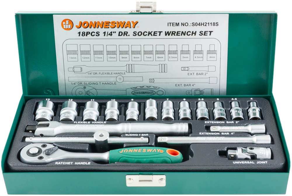 Jonnesway S04H2118S Набор головок торцевых 1/4"DR, 4-13 мм, 18 предметов S04H2118S