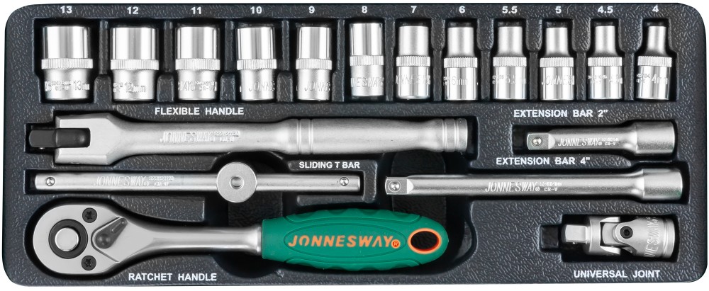 Jonnesway S04H2118S Набор головок торцевых 1/4"DR, 4-13 мм, 18 предметов S04H2118S