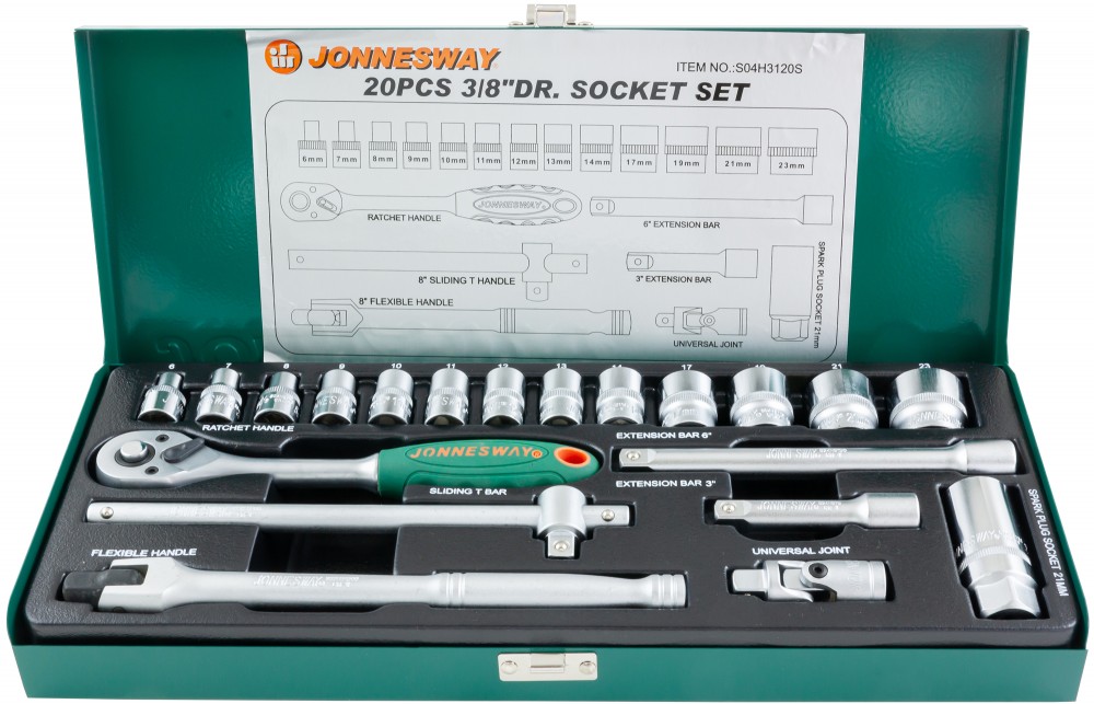 Jonnesway S04H3120S Набор головок торцевых 3/8"DR, 6-23 мм, 20 предметов S04H3120S