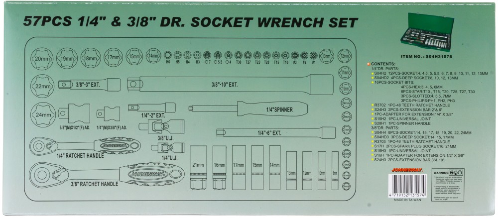 Jonnesway S04H3157S Набор головок торцевых стандартных и глубоких 1/4" и 3/8"DR, 4-24 мм, 57 предметов S04H3157S