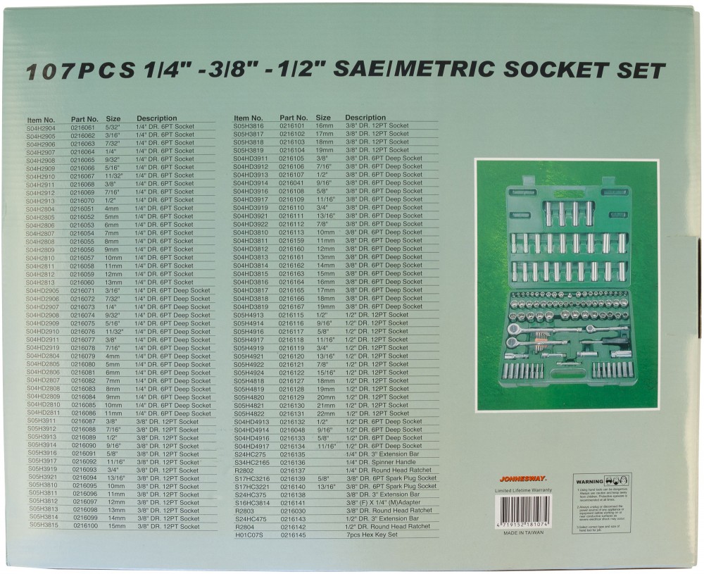 Jonnesway S05H48107S Набор инструмента универсальный 1/4", 3/8" и 1/2"DR, 107 предметов S05H48107S