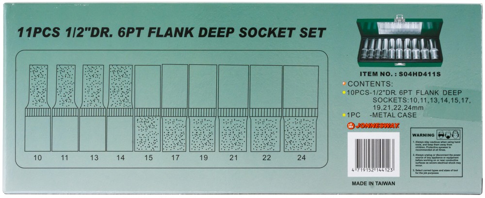 Jonnesway S04HD411S Набор головок торцевых глубоких 1/2"DR, 10-24 мм, 11 предметов S04HD411S