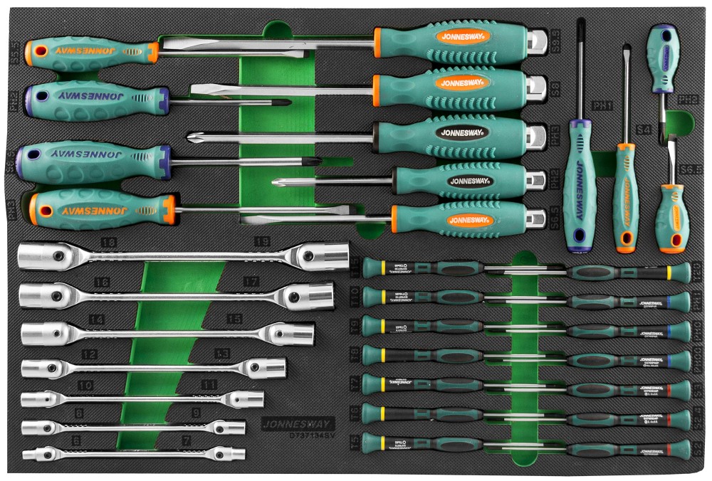 Jonnesway D737134SV Набор стержневых отверток и ключей гаечных карданных в EVA ложементе 560х400 мм, 34 предмета D737134SV