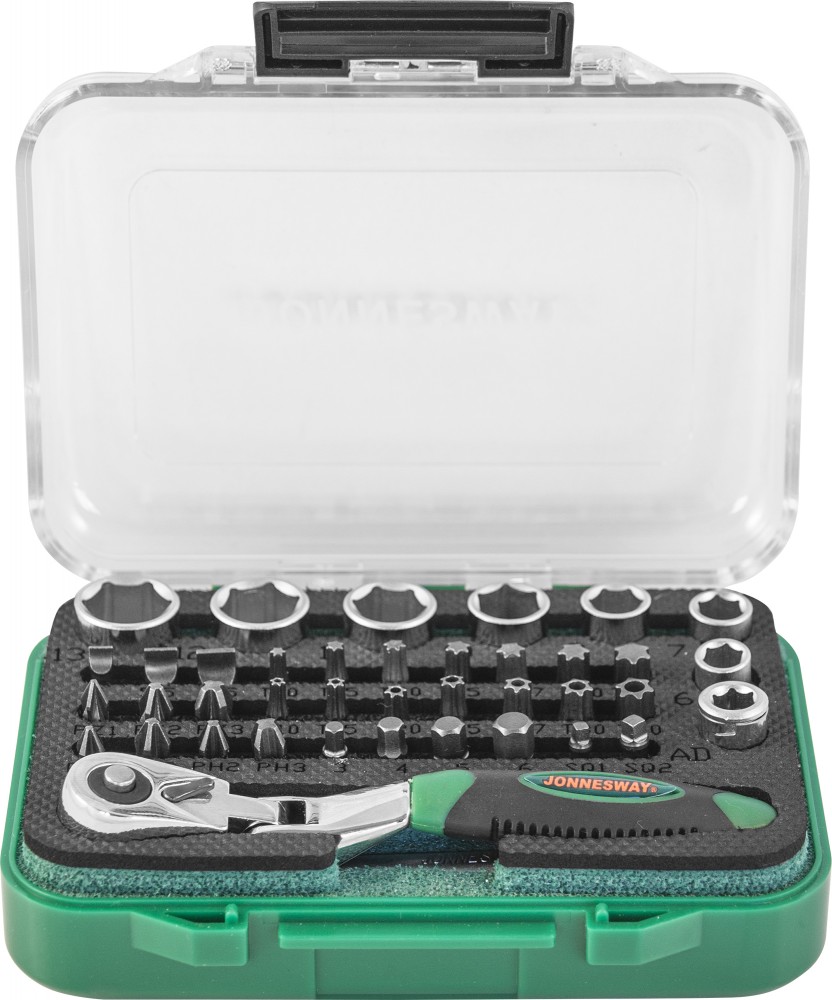 Jonnesway RD02040S Набор рукоятка трещоточная миниатюрная 1/4"DR со вставками-битами и головками торцевыми , 40 предметов RD02040S