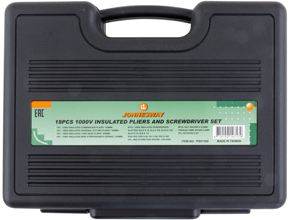 Jonnesway PSV118S Набор диэлектрический, отверток стержневых и шарнирно-губцевого инструмента, 18 предметов PSV118S