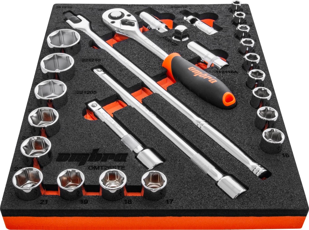 Ombra OMT26STE Набор головок торцевых 1/2" DR 8-32 мм с аксессуарами в EVA ложементе 280х375 мм, 26 предметов OMT26STE