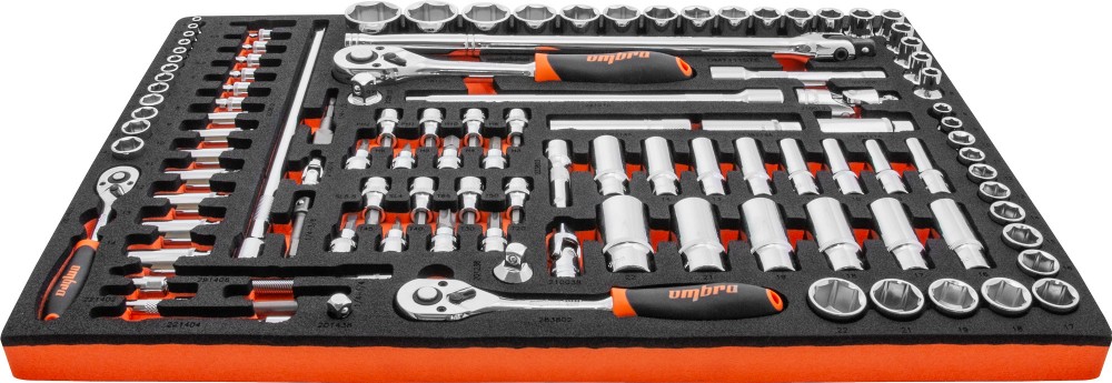 Ombra OMT111STE Набор головок торцевых 1/4"DR (4-14 мм), 3/8"DR (8-22 мм), 1/2"DR (8-32 мм), с аксессуарами в EVA ложементе 560x375 мм, 111 предметов OMT111STE