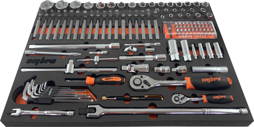 Ombra OMT131STE Набор головок торцевых 1/4" 5-13 мм, 1/2" DR 10-32 мм с аксессуарами и вставками-битами в EVA ложементе 560х375 мм, 131 предмет OMT131STE