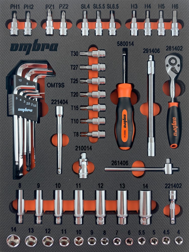 Ombra OMT54STE Набор головок торцевых 1/4" DR 4-14 мм с аксессуарами в EVA ложементе 280х375 мм, 54 предмета OMT54STE