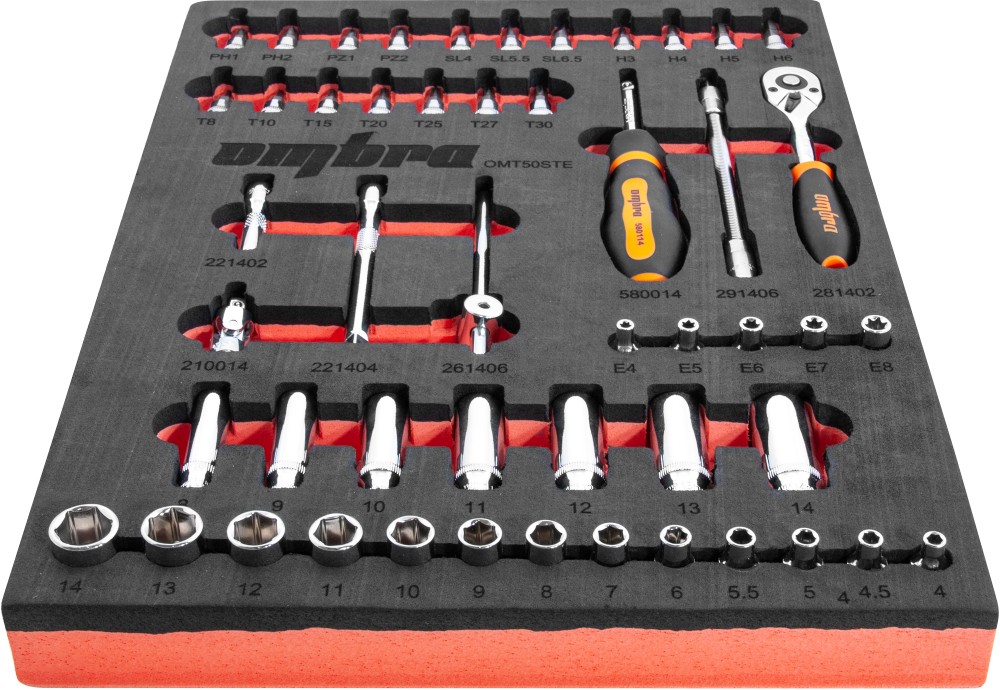 Ombra OMT50STE Набор головок торцевых 1/4" DR 4-14 мм, внешний TORX® Е4-Е8 с аксессуарами в EVA ложементе 280х375 мм, 50 предметов OMT50STE