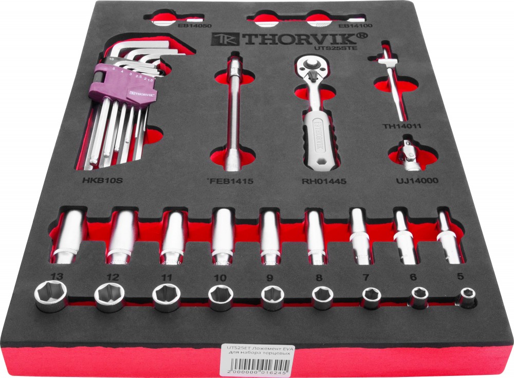 Thorvik UTS25STE Набор торцевых головок 1/4" с принадлежностями в EVA ложементе 280х375 мм, 25 предметов UTS25STE