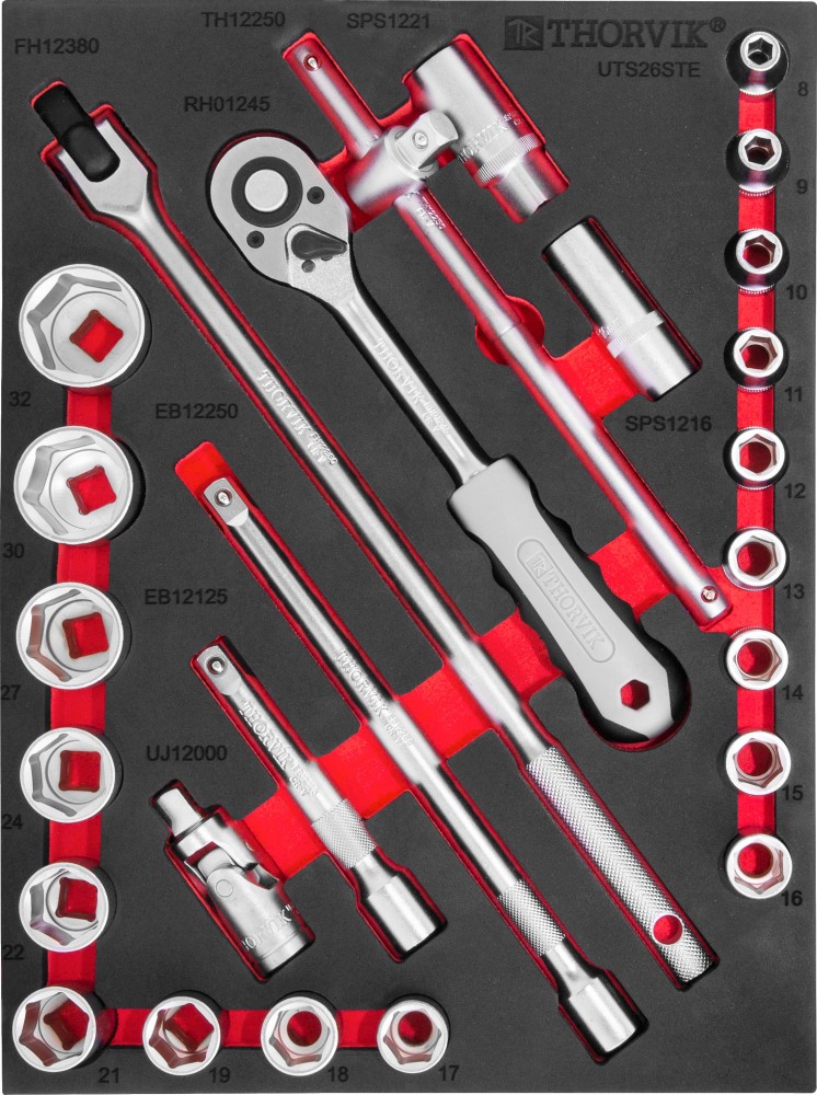 Thorvik UTS26STE Набор торцевых головок 1/2" с принадлежностями в EVA ложементе 280х375 мм, 26 предметов UTS26STE