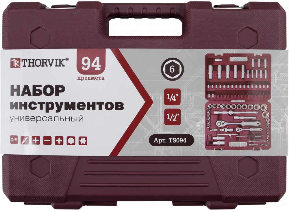 Thorvik TS094 Набор инструмента универсальный 1/4", 1/2"DR, 94 предмета TS094