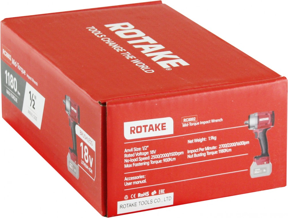 Rotake RC8802 (T2) Гайковерт ударный аккумуляторный бесщёточный 1/2"DR, 18В, 1180 Нм, (без АКБ и З/У) RC8802