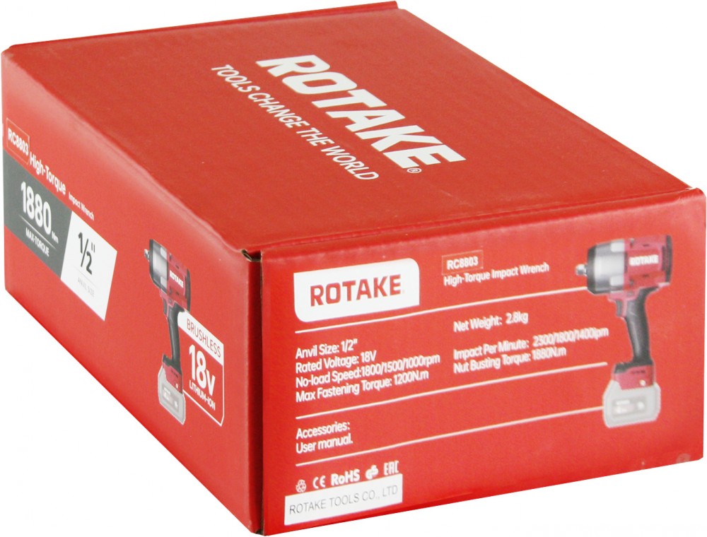 Rotake RC8803 (T3) Гайковерт ударный аккумуляторный бесщёточный 1/2"DR, 18В, 1880 Нм, (без АКБ и З/У) RC8803