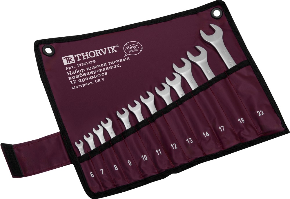 Thorvik W3S12TB Набор ключей гаечных комбинированных серии ARC в сумке, 6-22 мм, 12 предметов W3S12TB