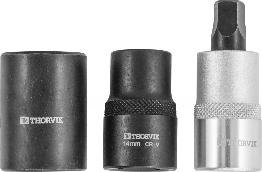 Thorvik PBCSS3 Набор головок торцевых и насадки со вставкой-битой с пятигранным профилем для обслуживания тормозных механизмов 1/2"DR, 3 предмета PBCSS3