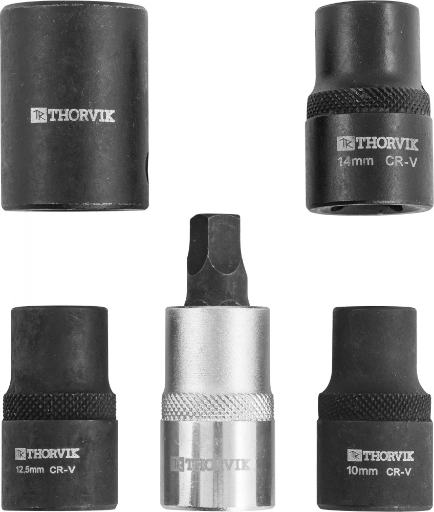 Thorvik PBCSS5 Набор головок торцевых и насадки со вставкой-битой с пятигранным профилем для обслуживания тормозных механизмов 1/2"DR, 5 предметов PBCSS5