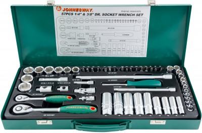Jonnesway S04H3157S Набор головок торцевых стандартных и глубоких 1/4" и 3/8"DR, 4-24 мм, 57 предметов S04H3157S