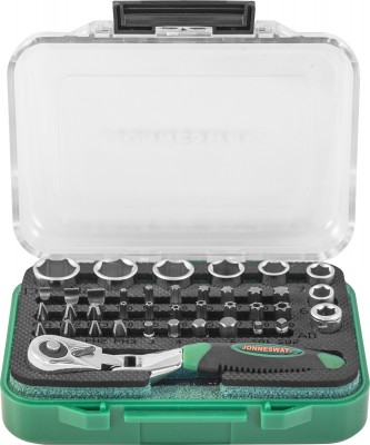 Jonnesway RD02040S Набор рукоятка трещоточная миниатюрная 1/4"DR со вставками-битами и головками торцевыми , 40 предметов RD02040S