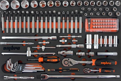 Ombra OMT131STE Набор головок торцевых 1/4" 5-13 мм, 1/2" DR 10-32 мм с аксессуарами и вставками-битами в EVA ложементе 560х375 мм, 131 предмет OMT131STE