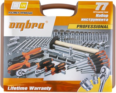 Ombra OMT77S12 Набор инструмента универсальный 1/4", 1/2"DR с головками торцевыми 12-гранными 1/2"DR, 77 предметов OMT77S12
