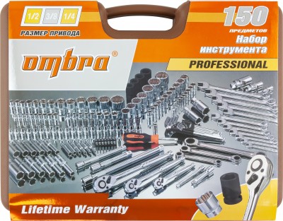 Ombra 911150 Специальный набор инструмента, торцевые головки 1/4", 3/8", 1/2"DR, 4-32 мм и SAE 5/32"--1-1/4", ударные торцевые головки 1/2"DR, 17-23 мм, 150 предметов 911150